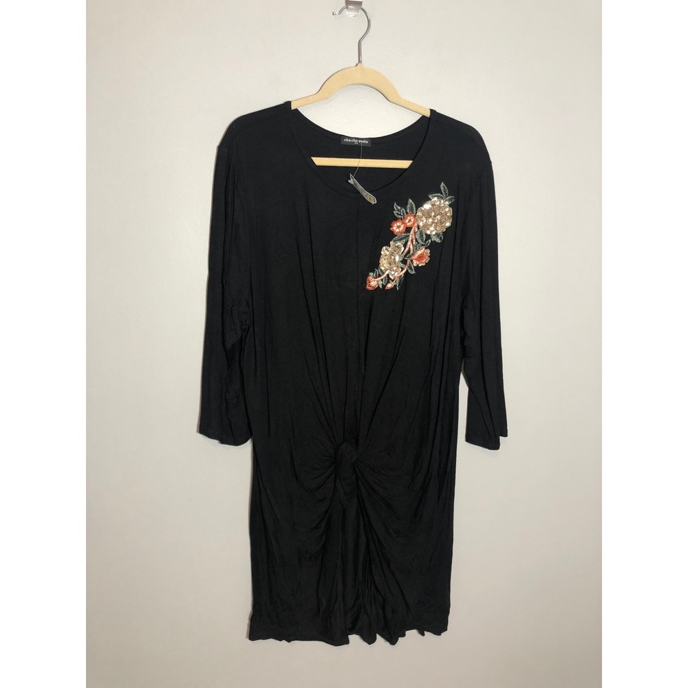 NEW Cha Cha Vente Tunic Top Womens 3X Black Sequin Floral Embroidered Front Knot